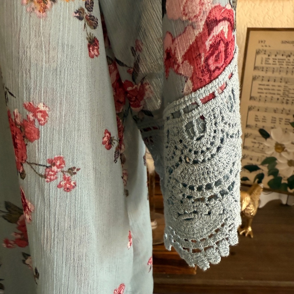 Floral Sheer Kimono Duster with Crochet Light Blue Pink Boho Layering Romantic - Picture 12 of 16